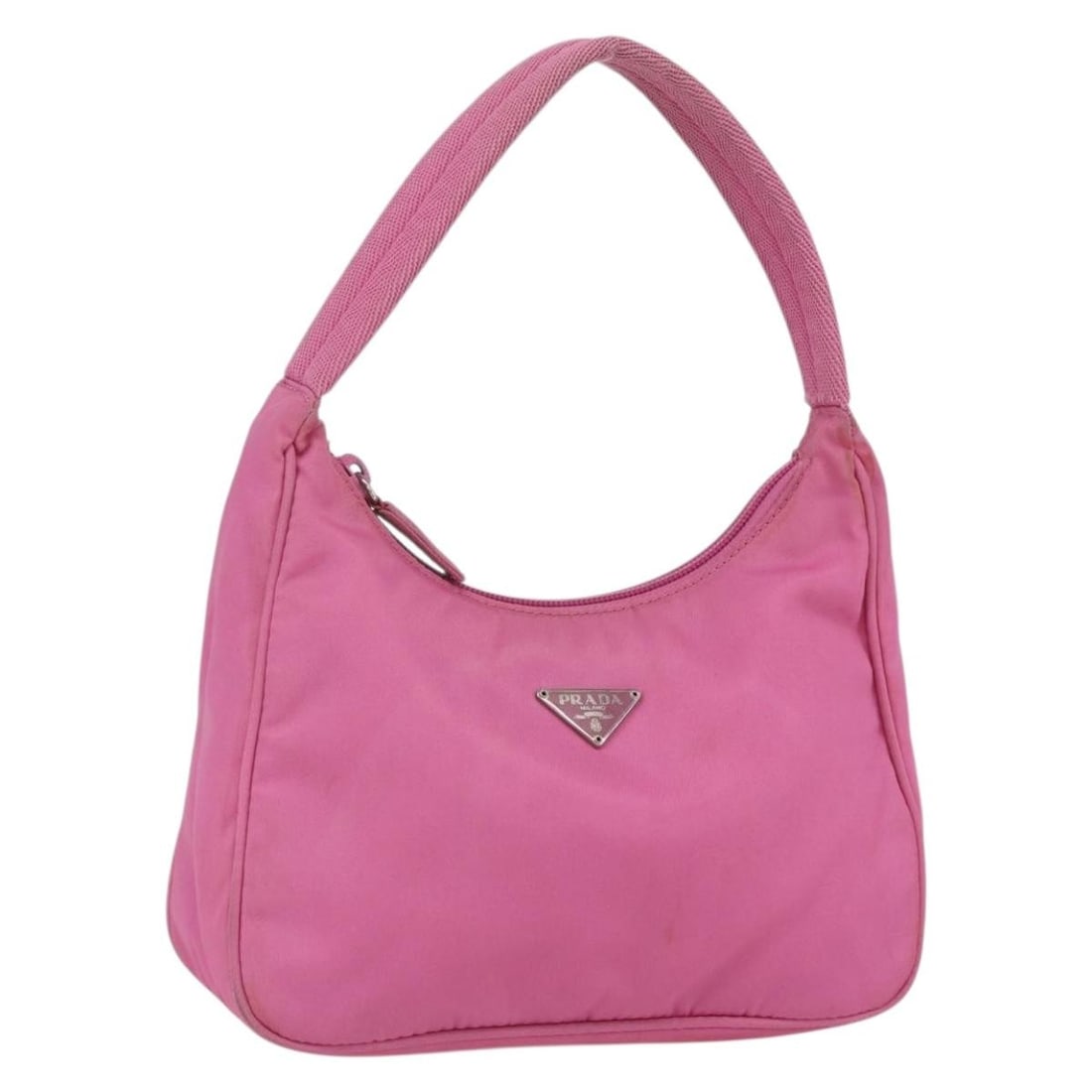 Prada pink nylon pouch handbag Italy 7.9 x 5.9 x 2.8 inch: Prada pink nylon pouch handbag Italy 7.9 x 5.9 x 2.8 inch This Prada hand pouch is crafted from pink nylon and designed for women. Made in Italy, it features a compact silhouette with approximate dime