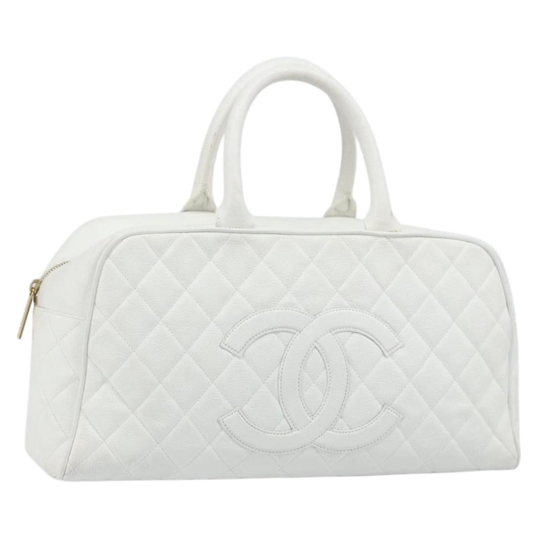 Chanel Caviar Boston Bag White Grained Leather Gold CC Logo Handbag: Chanel Caviar Boston Bag White Grained Leather Gold CC Logo Handbag This CHANEL Matelasse Boston Bag is crafted from grained calfskin (caviar skin) in a white and gold colorway. Designed for women, th