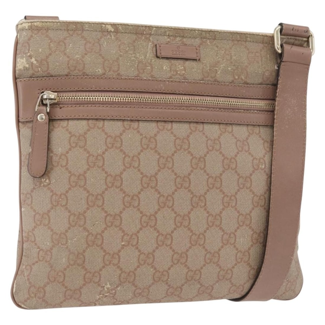 Gucci Pink Gold PVC GG Canvas Shoulder Bag 295257: Gucci Pink Gold PVC GG Canvas Shoulder Bag 295257 This Gucci GG Supreme shoulder bag features a pink and gold PVC leather exterior with GG canvas accents. Designed for women, the bag offers a spacious