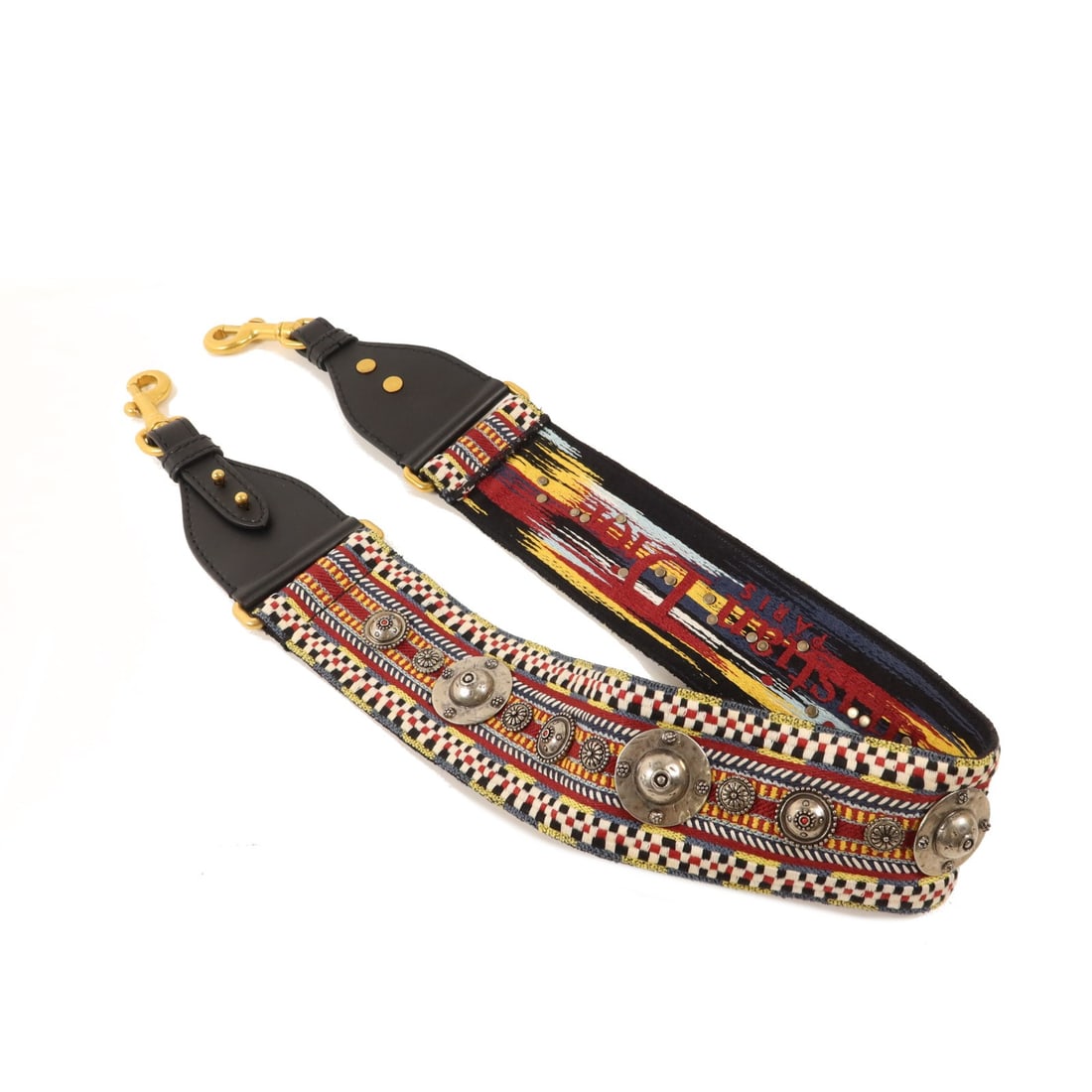 Dior Multicolor Calfskin Embroidered Shoulder Strap with Gold Medallion Hardware: Dior Multicolor Calfskin Embroidered Shoulder Strap with Gold Medallion Hardware This Christian Dior shoulder strap features a medallion embroidery design crafted from calfskin fabric in a multicolor 
