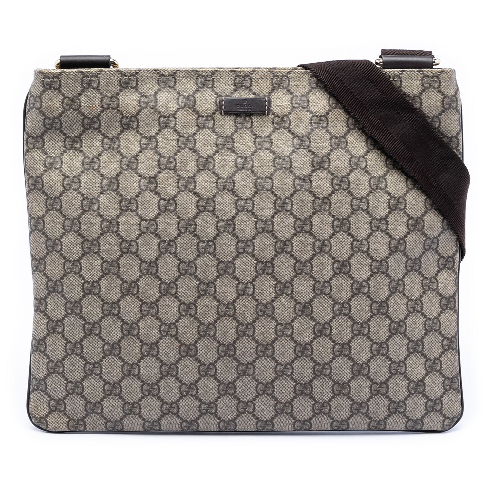 Beige GG Supreme Coated Canvas Crossbody Bag with Leather Trim by Gucci: Beige GG Supreme Coated Canvas Crossbody Bag with Leather Trim by Gucci This Gucci GG Supreme Crossbody bag features a coated canvas exterior with leather trim, an adjustable flat shoulder strap, a to