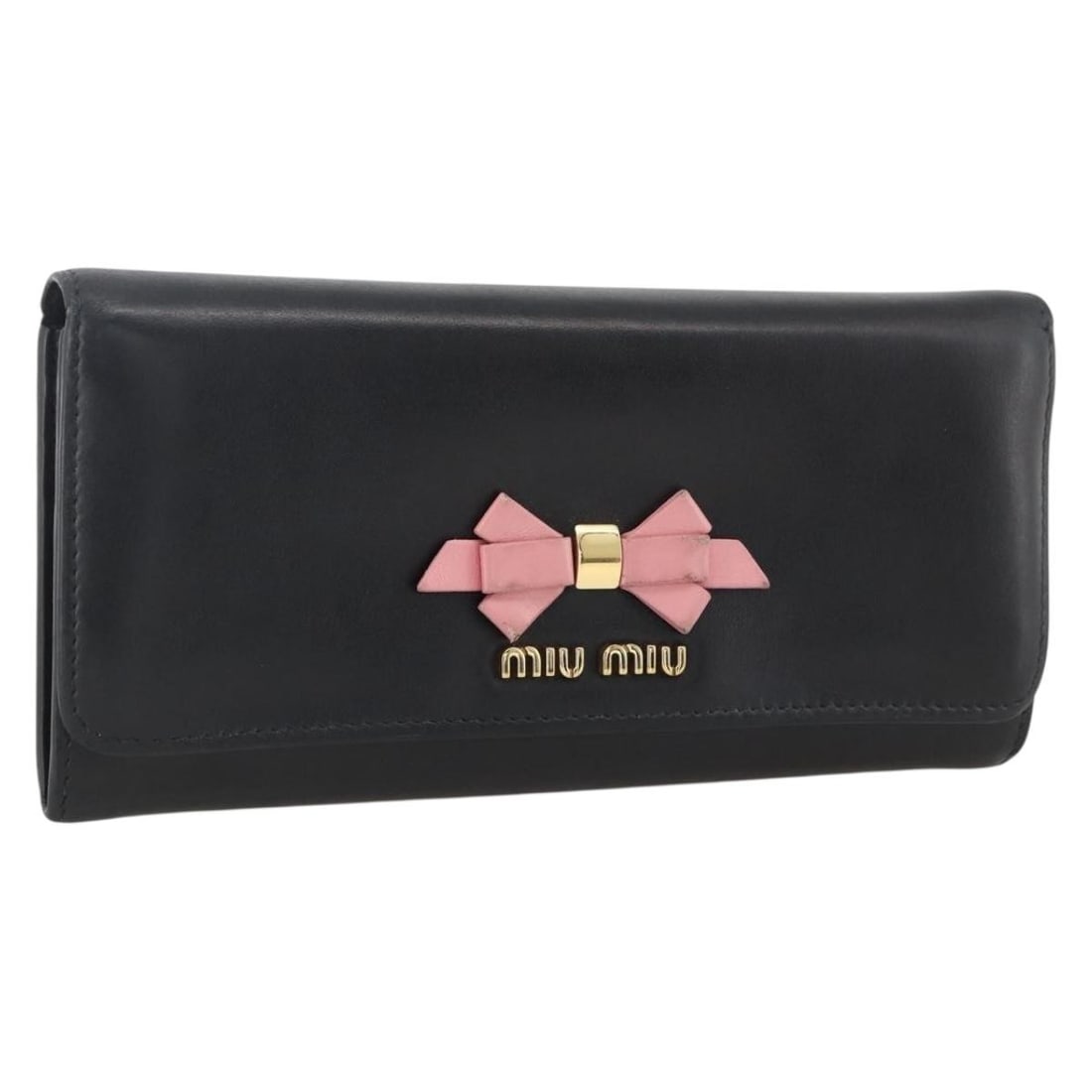 Miu Miu Black Leather Long Wallet with Gold Accents and Guarantee Card: Miu Miu Black Leather Long Wallet with Gold Accents and Guarantee Card This Miu Miu long wallet for women is crafted from black leather with gold-tone accents. It features a sleek and functional desig