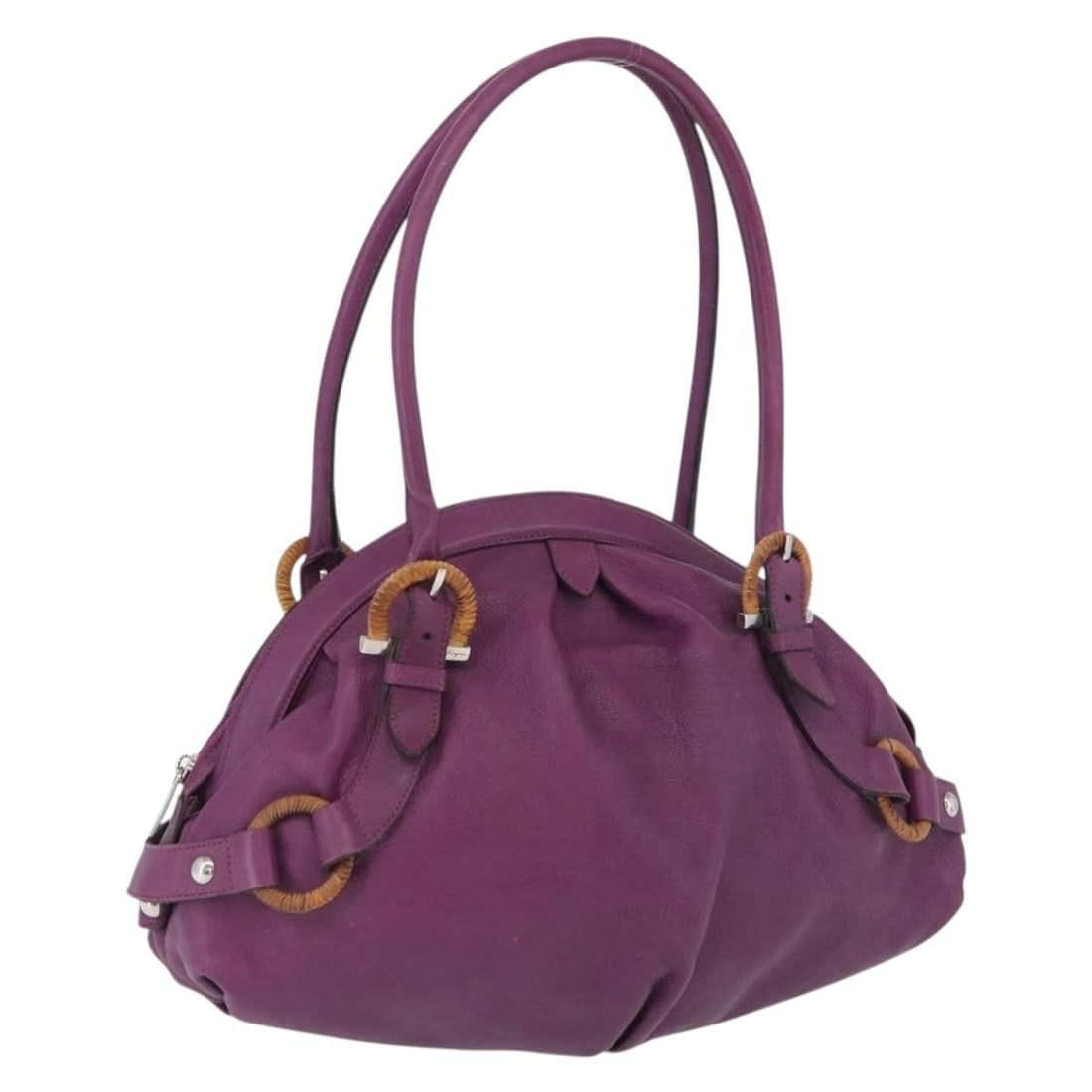 Gancini Purple Leather Handbag by Salvatore Ferragamo Silver Tone Hardware: Gancini Purple Leather Handbag by Salvatore Ferragamo Silver Tone Hardware This Salvatore Ferragamo Gancini handbag features a purple leather exterior with silver-tone accents. Designed for women, it 
