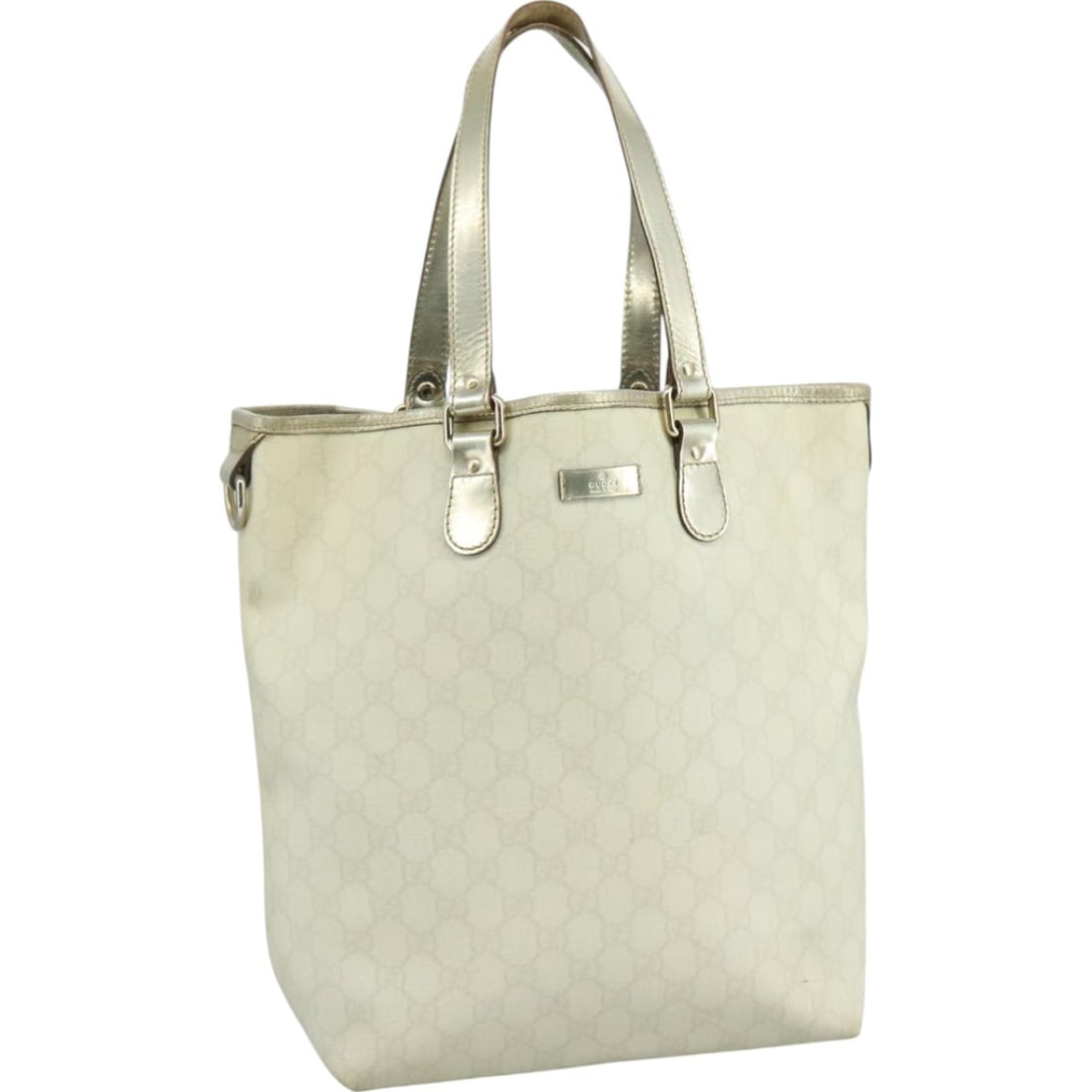 White PVC GG Supreme Tote by Gucci Model 189896: White PVC GG Supreme Tote by Gucci Model 189896 This GUCCI GG Supreme Tote Bag features a white PVC leather and GG canvas exterior. Designed for women, it offers a spacious interior and sturdy handles