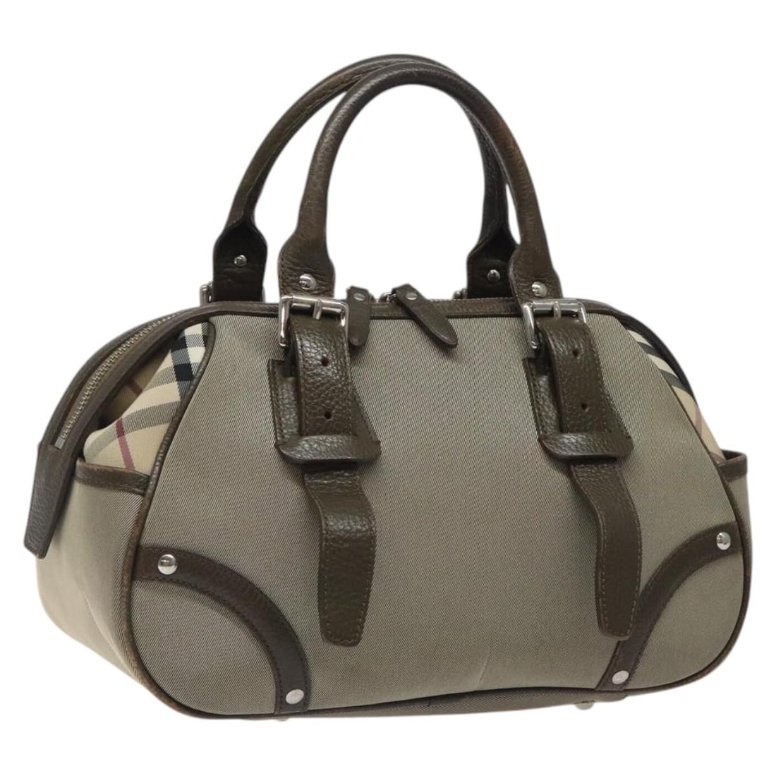 Burberry Nova Check Gray Nylon Women's Handbag with Silver Accents: Burberry Nova Check Gray Nylon Women's Handbag with Silver Accents This Burberry Nova Check handbag features a gray and silver nylon exterior, designed for women. It is a hand-carry style crafted in I