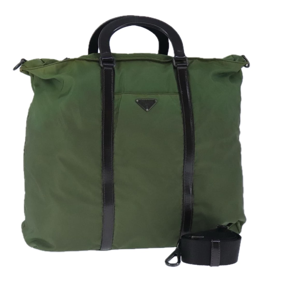 Prada Nylon Handbag with Shoulder Strap Khaki Dark Brown Silver: Prada Nylon Handbag with Shoulder Strap Khaki Dark Brown Silver This PRADA 2-way handbag is crafted from durable nylon in a khaki, dark brown, and silver color combination. Designed for versatility, i