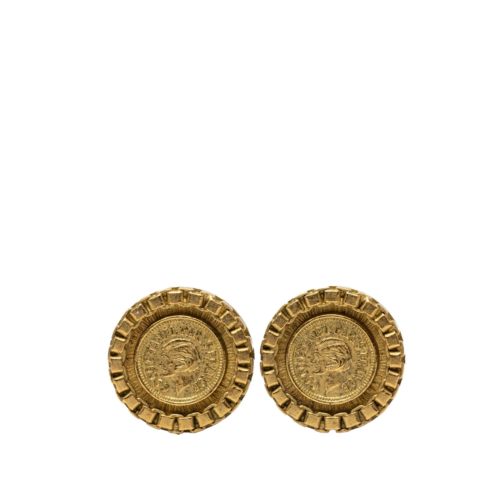 Chanel Coco Coin Clip On Earrings Gold Plated Metal: Chanel Coco Coin Clip On Earrings Gold Plated Metal These Chanel clip-on earrings feature gold-plated metal with a Coco coin design. Crafted in France, they are classified as costume jewelry and have 