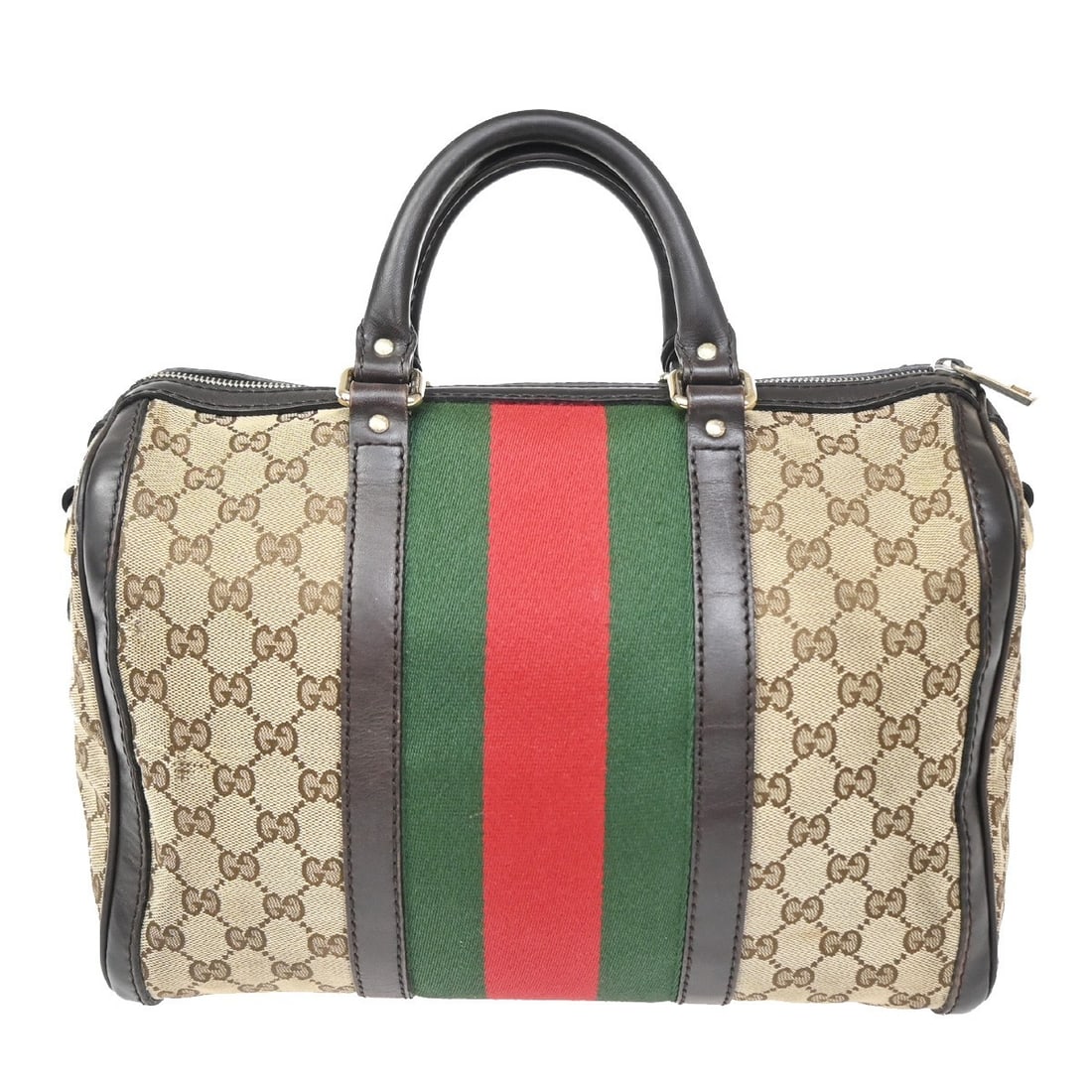 Gucci Web Boston Canvas Handbag Brown Italy 32cm: Gucci Web Boston Canvas Handbag Brown Italy 32cm This Gucci Vintage Web Boston Bag features the signature GG canvas in brown, designed for women. The bag is crafted from durable canvas and was made in
