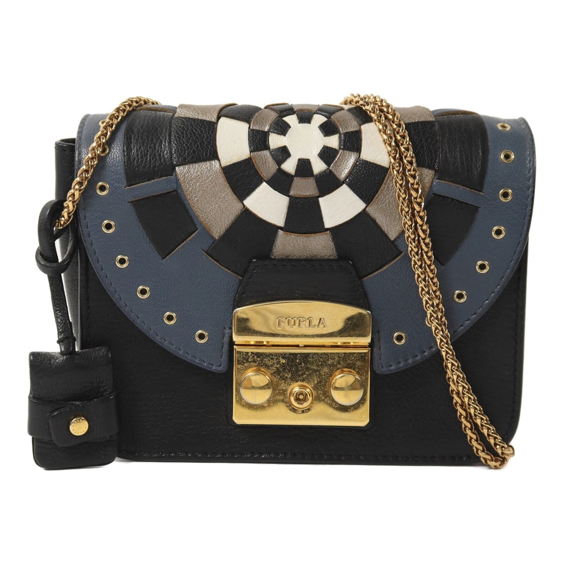 Furla Black and Blue Calfskin Leather Shoulder Bag with Gold Hardware: Furla Black and Blue Calfskin Leather Shoulder Bag with Gold Hardware This Furla shoulder bag is crafted from high-quality calfskin leather in black with blue accents. Designed for women, it features 