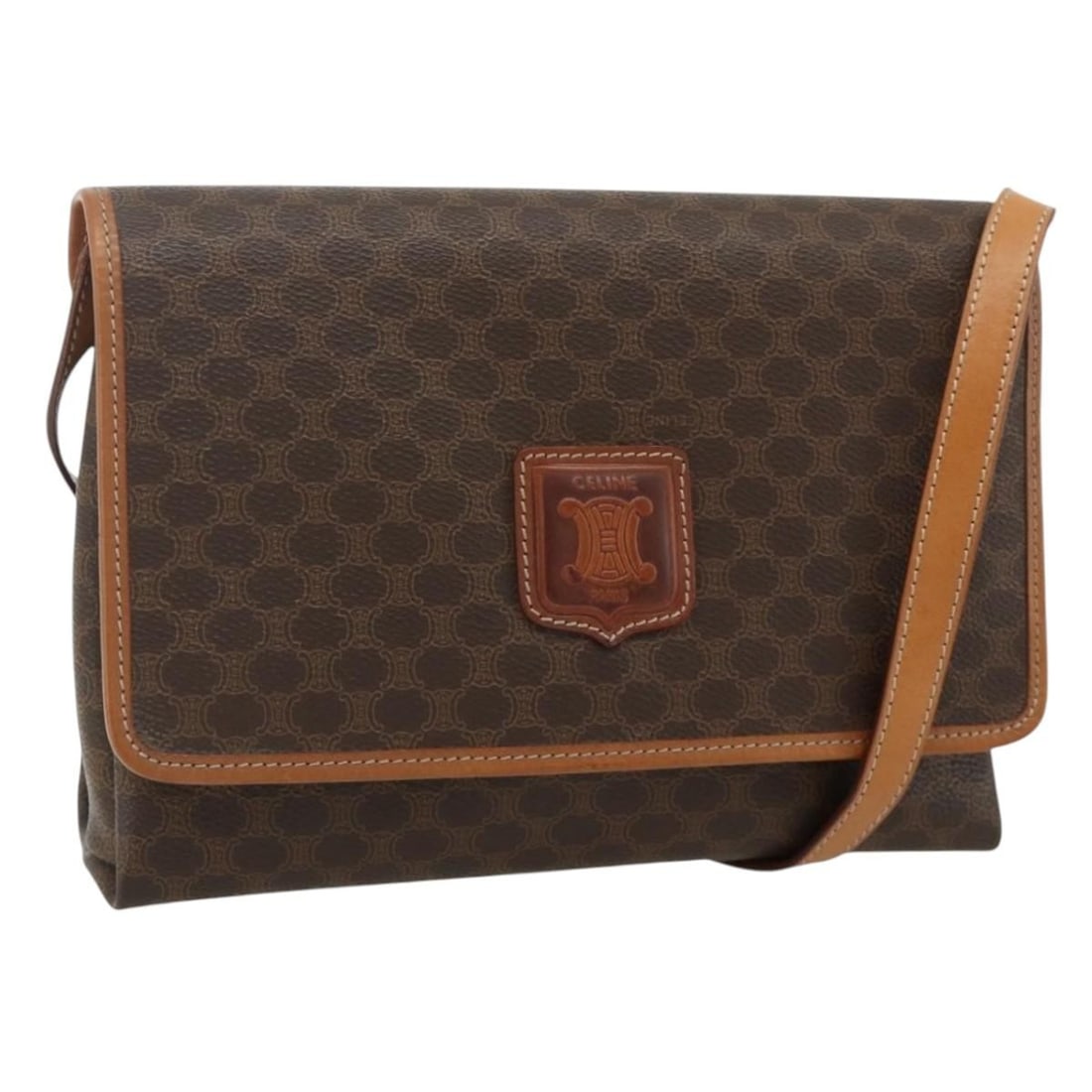 CELINE Macadam PVC Canvas Brown Gold Shoulder Bag Italy: CELINE Macadam PVC Canvas Brown Gold Shoulder Bag Italy This CELINE Macadam shoulder bag features a classic brown and gold color scheme with a durable PVC leather and Macadam canvas construction. Made