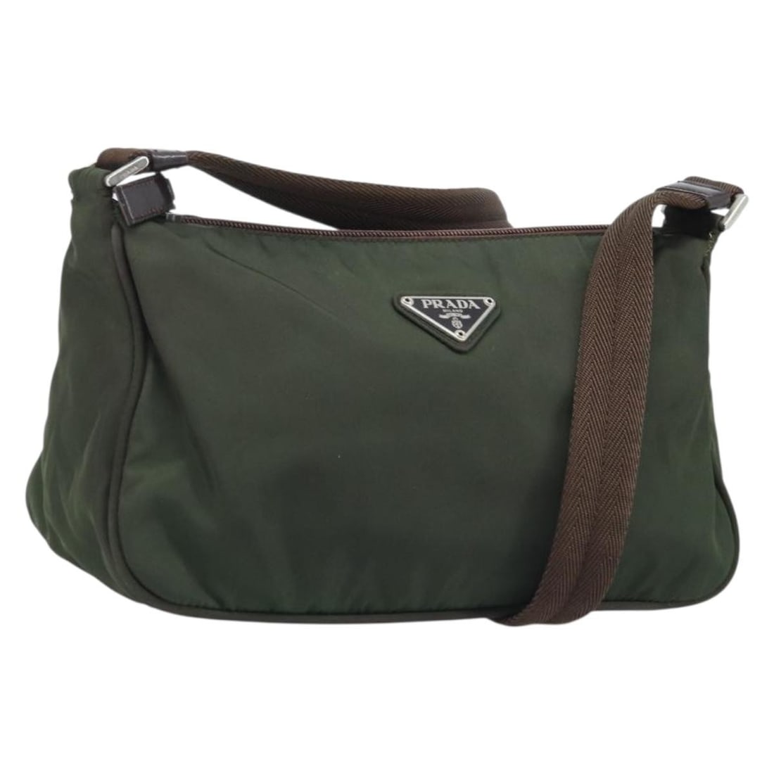 Prada green nylon women s shoulder bag Italy silver trim: Prada green nylon women s shoulder bag Italy silver trim This PRADA shoulder bag is crafted from green and silver nylon, offering a stylish and functional accessory for everyday use. Made in Italy, it