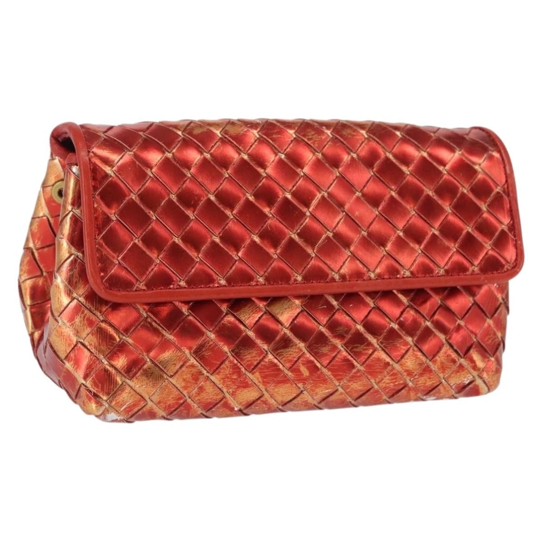 Red Leather Intrecciato Pouch by Bottega Veneta: Red Leather Intrecciato Pouch by Bottega Veneta This Bottega Veneta Intrecciato pouch features a red leather exterior crafted in Italy. The pouch shows signs of heavy use, including surface rubbing, s