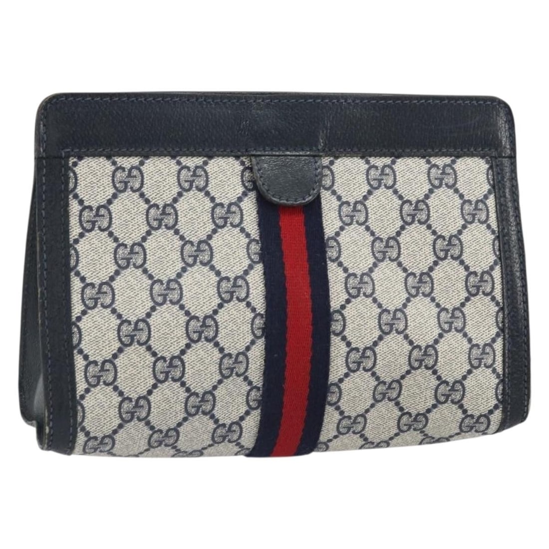 Navy Red GG Supreme PVC Clutch by Gucci Sherry Line 64 01 001: Navy Red GG Supreme PVC Clutch by Gucci Sherry Line 64 01 001 This Gucci GG Supreme Sherry Line clutch bag features a navy and red colorway crafted from PVC leather and GG canvas. Designed for women, 