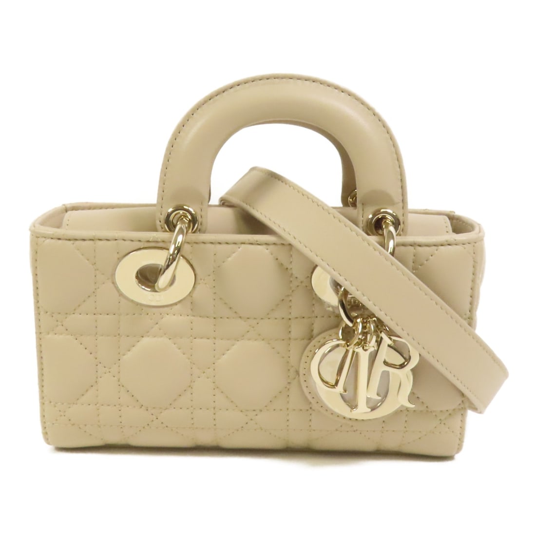 Dior Mini Lady D-Joy Beige Lambskin Leather Shoulder Bag with Gold Hardware: Dior Mini Lady D-Joy Beige Lambskin Leather Shoulder Bag with Gold Hardware This Christian Dior Mini Lady D-Joy 2way shoulder bag is crafted from beige lambskin leather and offers a versatile design s