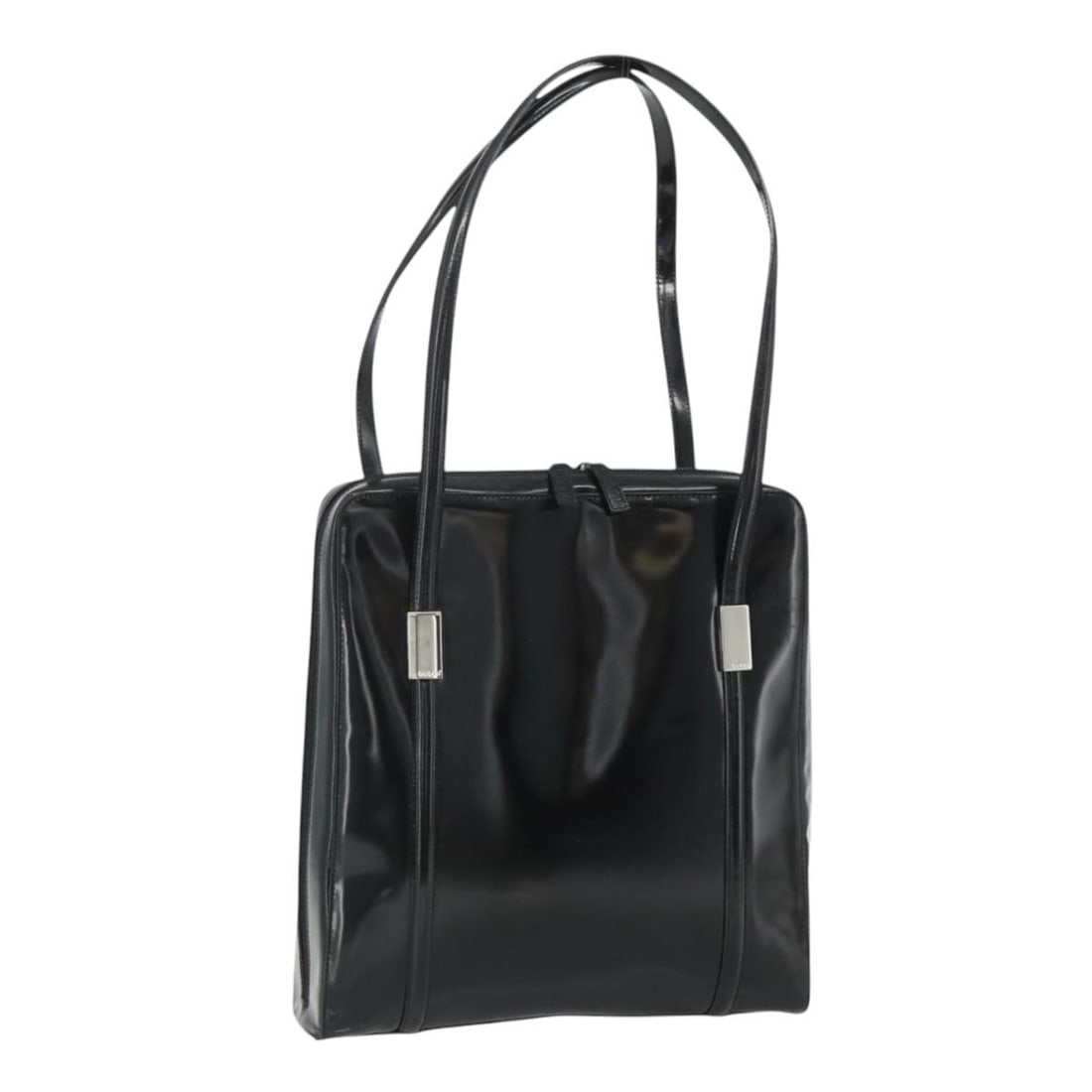 Gucci Patent Leather Black Silver Tote Bag 002 2058 0435 Italy: Gucci Patent Leather Black Silver Tote Bag 002 2058 0435 Italy This GUCCI tote bag is crafted from black and silver patent leather and features a spacious design with dual handles. Made in Italy, it o