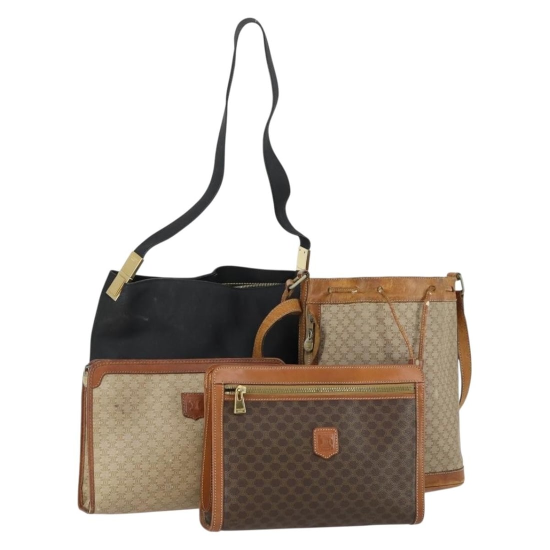 CELINE Macadam Canvas Shoulder Bag PVC 4 Piece Set Beige Brown Navy: CELINE Macadam Canvas Shoulder Bag PVC 4 Piece Set Beige Brown Navy This authentic CELINE Macadam Canvas Shoulder Bag is a stylish accessory crafted from durable PVC leather, featuring a chic combinat
