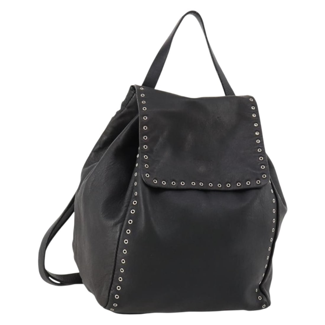 Black Leather Prada Backpack with Silver Accents for Women: Black Leather Prada Backpack with Silver Accents for Women This PRADA backpack is crafted from black and silver leather and is designed for women. Made in Italy, the bag measures approximately 18cm wi