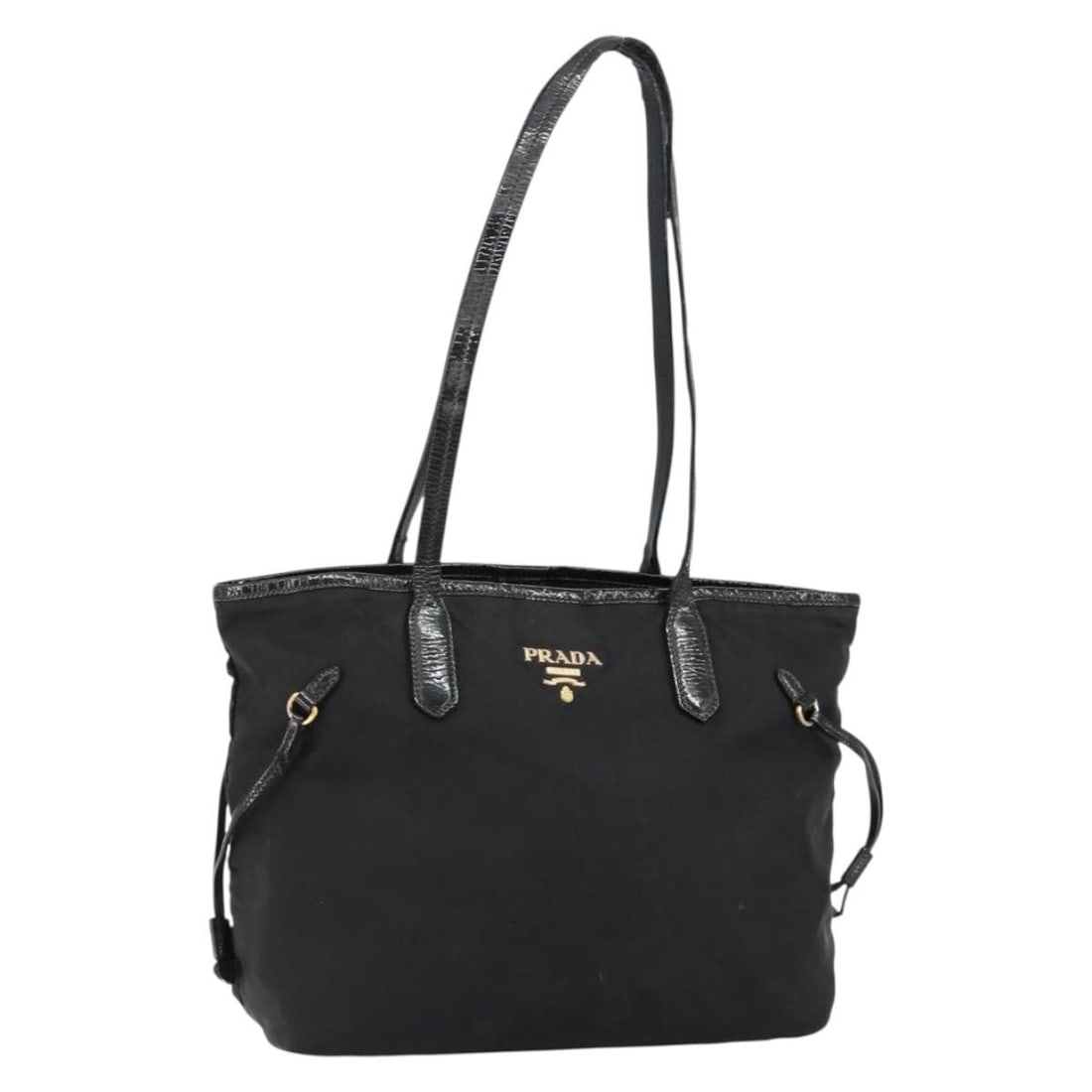 Prada Nylon Black Gold Tote Italy 11in x 9.8in: Prada Nylon Black Gold Tote Italy 11in x 9.8in This PRADA tote bag features a black nylon exterior with gold accents and is designed for women. The bag measures approximately 28cm in width, 25cm in he