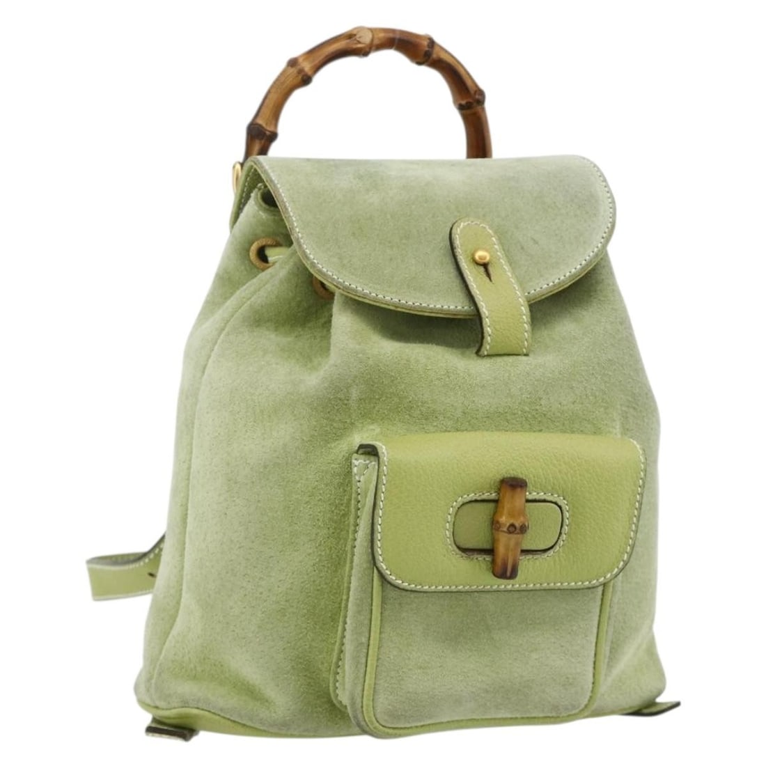 Gucci Bamboo suede backpack green gold Italy 003 2058 0030: Gucci Bamboo suede backpack green gold Italy 003 2058 0030 This GUCCI Bamboo Backpack features a green and gold suede exterior with bamboo accents, offering a distinctive and stylish look. Designed fo