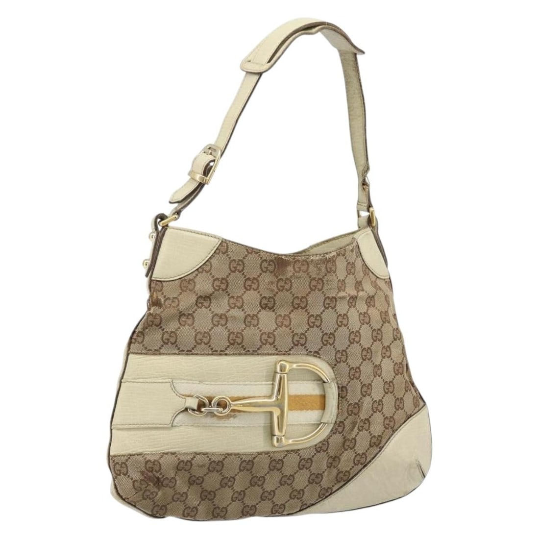 Gucci 137388 GG Canvas and PVC Leather Gold Beige Shoulder Bag: Gucci 137388 GG Canvas and PVC Leather Gold Beige Shoulder Bag This is a GUCCI GG Canvas shoulder bag in gold and beige, crafted from PVC leather and GG canvas. Designed for women, it features a spaci