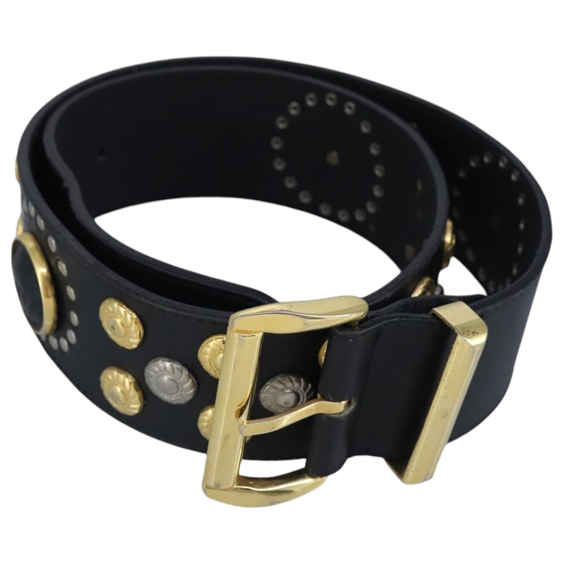 Black Leather Gianni Versace Belt with Gold and Silver Tone Hardware 9.8 Inch: Black Leather Gianni Versace Belt with Gold and Silver Tone Hardware 9.8 Inch This Gianni Versace women's belt features a black leather strap accented with gold and silver-tone metal details. Crafted 