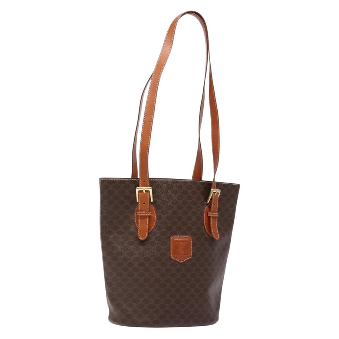 CELINE Macadam Hand Bag Brown Gold PVC Leather Made in Italy: CELINE Macadam Hand Bag Brown Gold PVC Leather Made in Italy Elevate your accessory collection with this authentic CELINE Macadam Canvas Hand Bag. Crafted in Italy, this stylish handbag features a lux