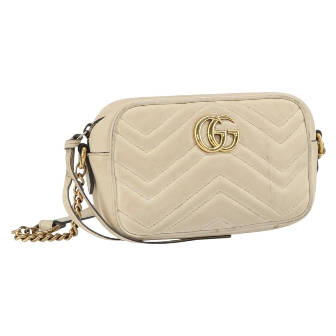 GUCCI GG Marmont Mini Camera Bag White Gold Leather 448065 Auth: GUCCI GG Marmont Mini Camera Bag White Gold Leather 448065 Auth This GUCCI GG Marmont Mini Camera Bag is a chic shoulder bag crafted from high-quality leather in an elegant white and gold color combin