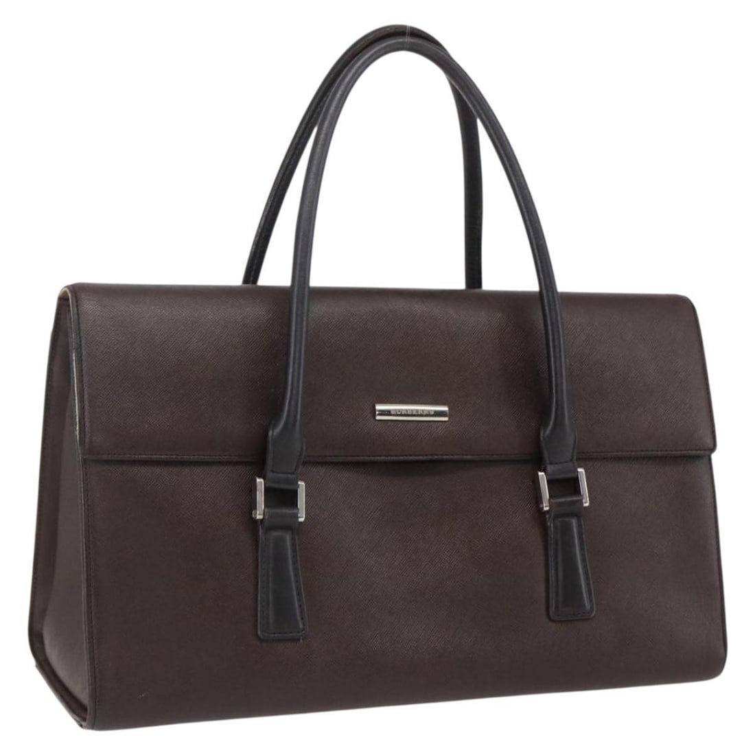 Burberry Brown Leather Women's Handbag with Silver Accents: Burberry Brown Leather Women's Handbag with Silver Accents This BURBERRY hand bag features a brown and silver leather exterior with silver-tone hardware. Designed for women, it includes a single handl