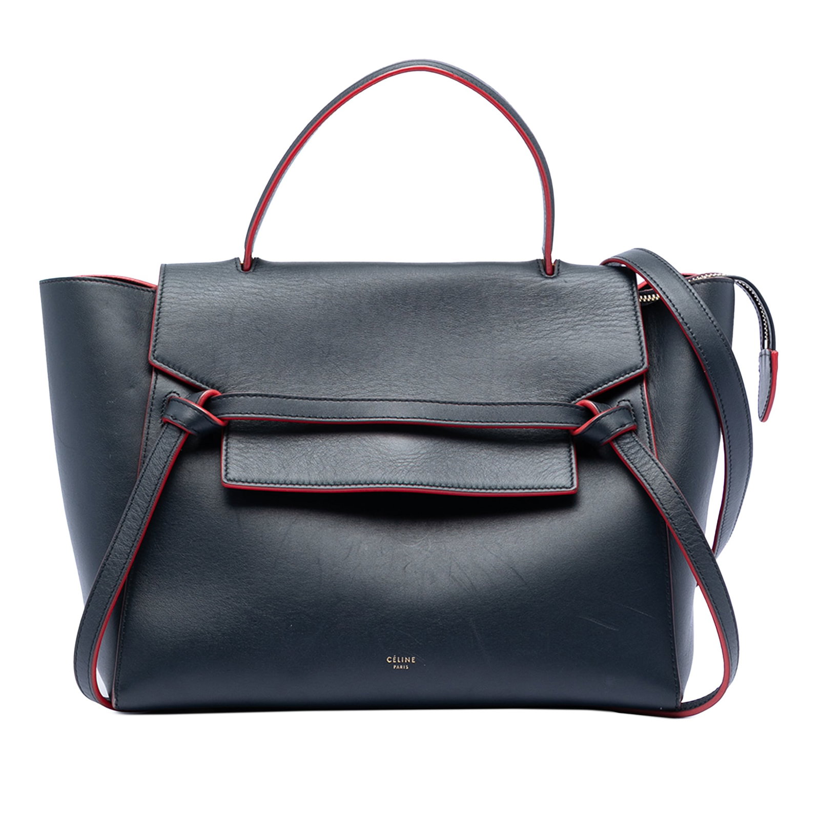 Celine Mini Belt Bag in Blue Smooth Calfskin Leather with Top Handle: Celine Mini Belt Bag in Blue Smooth Calfskin Leather with Top Handle This Celine Mini Smooth Calfskin Belt Bag features a blue leather body with a flat leather top handle and a detachable flat leather