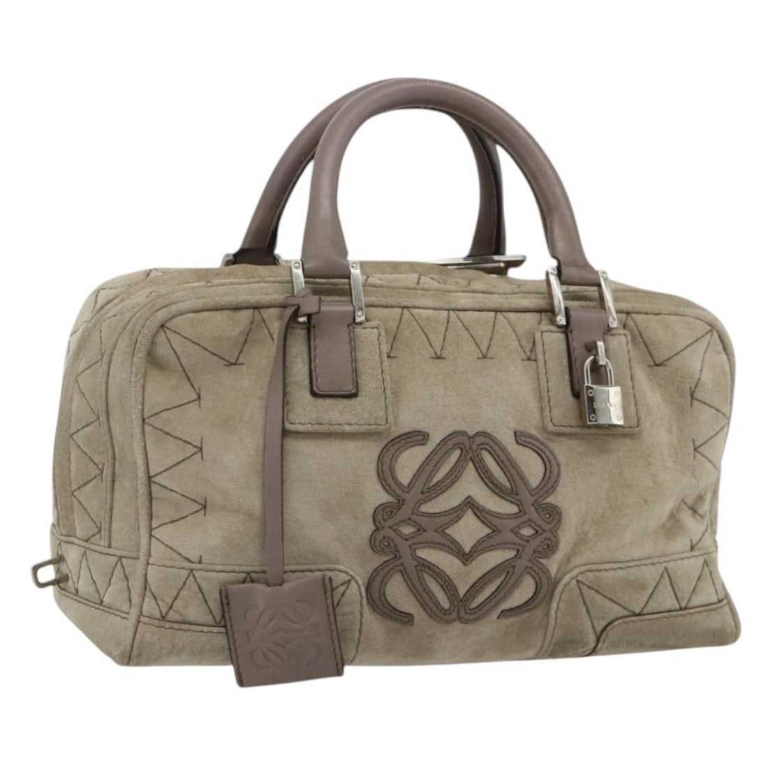 LOEWE Anagram Beige Suede Handbag with Padlock and Keys: LOEWE Anagram Beige Suede Handbag with Padlock and Keys This LOEWE Anagram Americana 28 handbag is crafted from beige suede with silver-tone accents. Designed for women, it features a structured silho