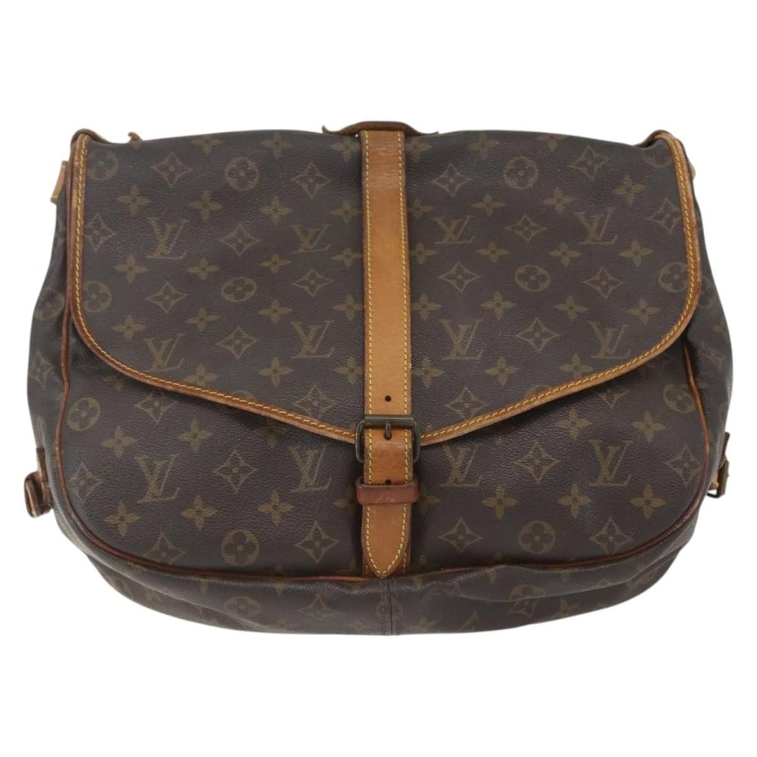 Louis Vuitton Monogram Canvas Saumur Crossbody Bag 35cm: Louis Vuitton Monogram Canvas Saumur Crossbody Bag 35cm This Louis Vuitton Saumur handbag features the classic monogram canvas in brown, designed for unisex use. It shows signs of wear including surfa