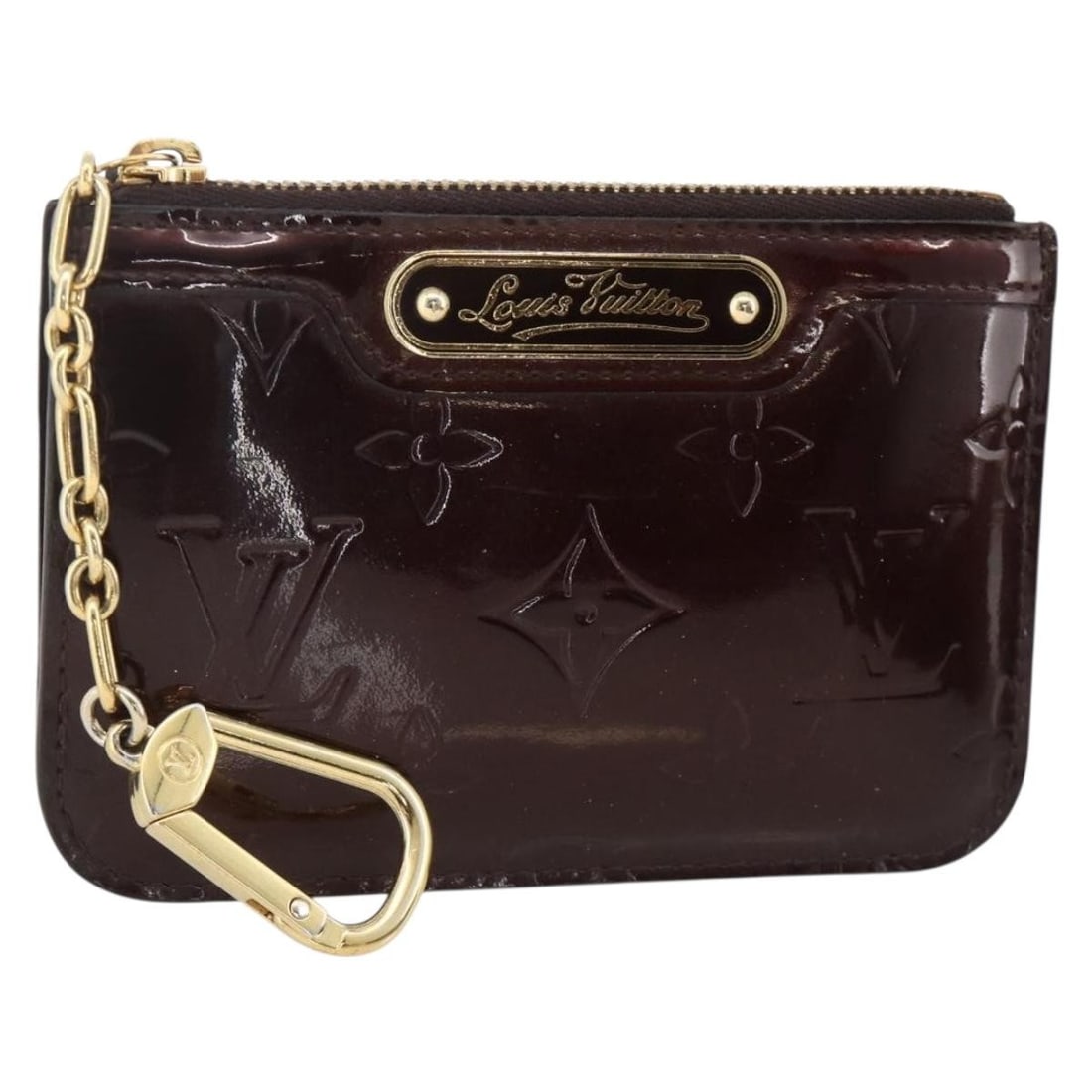 Louis Vuitton Vernis Rouge Favist Patent Leather Coin Purse M90220: Louis Vuitton Vernis Rouge Favist Patent Leather Coin Purse M90220 This Louis Vuitton Vernis Pochette Cles NM coin purse features a Rouge Favist patent leather exterior with gold-tone hardware. Design