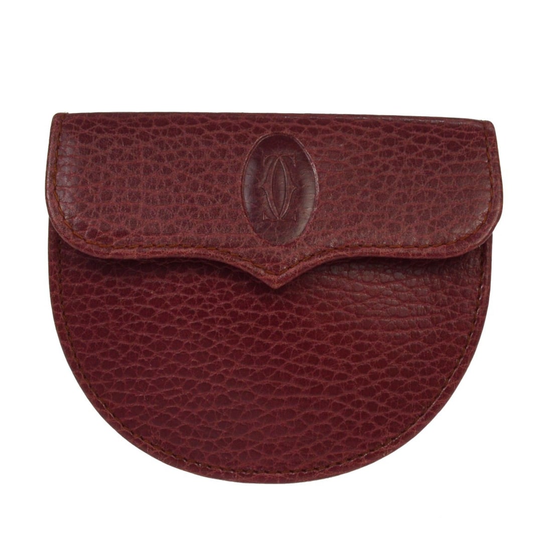 Bordeaux Leather Cartier Coin Wallet with Logo Accent: Bordeaux Leather Cartier Coin Wallet with Logo Accent This Cartier Bordeaux coin purse wallet features a logo accent and is designed for women. The wallet is crafted in Spain and offers a compact desi