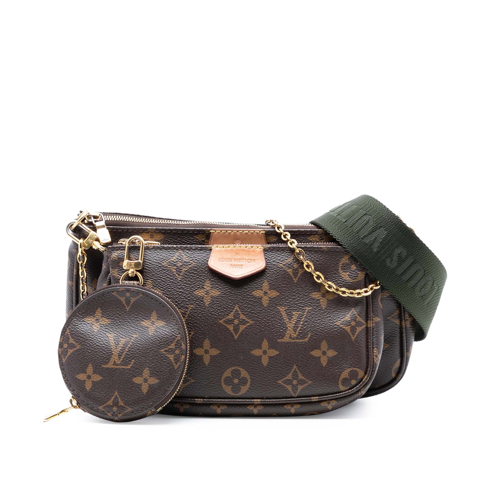 Monogram Canvas Multi Pochette Accessoires Bag with Chain and Strap: Monogram Canvas Multi Pochette Accessoires Bag with Chain and Strap This Louis Vuitton Monogram Multi Pochette Accessoires features a brown monogram canvas exterior, a detachable chain link strap, and