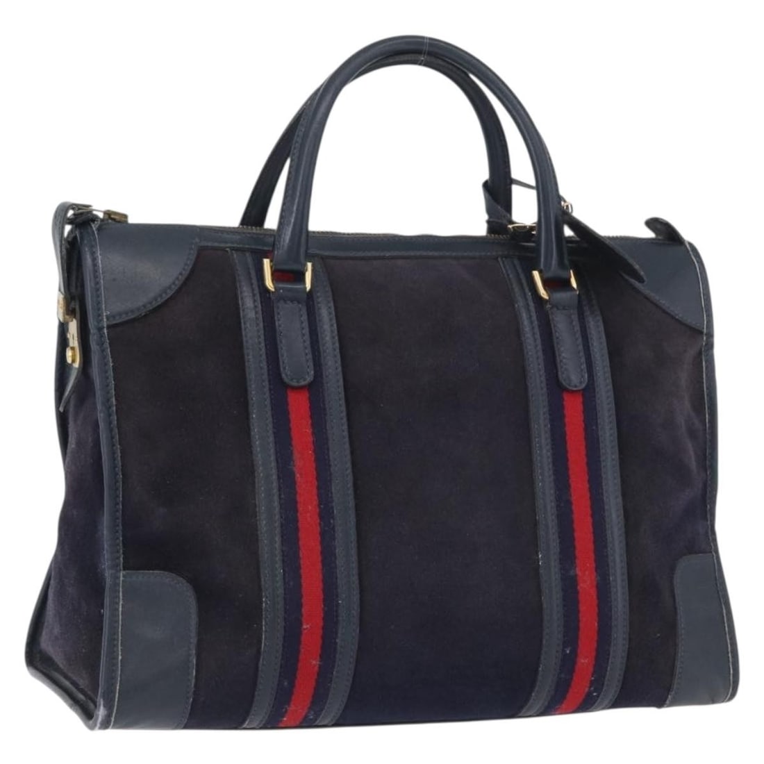 Gucci Sherry Line Navy Suede Leather Handbag with Gold Details: Gucci Sherry Line Navy Suede Leather Handbag with Gold Details This GUCCI Sherry Line handbag is crafted from navy suede leather with gold-tone accents. Designed for women, it features a spacious inte