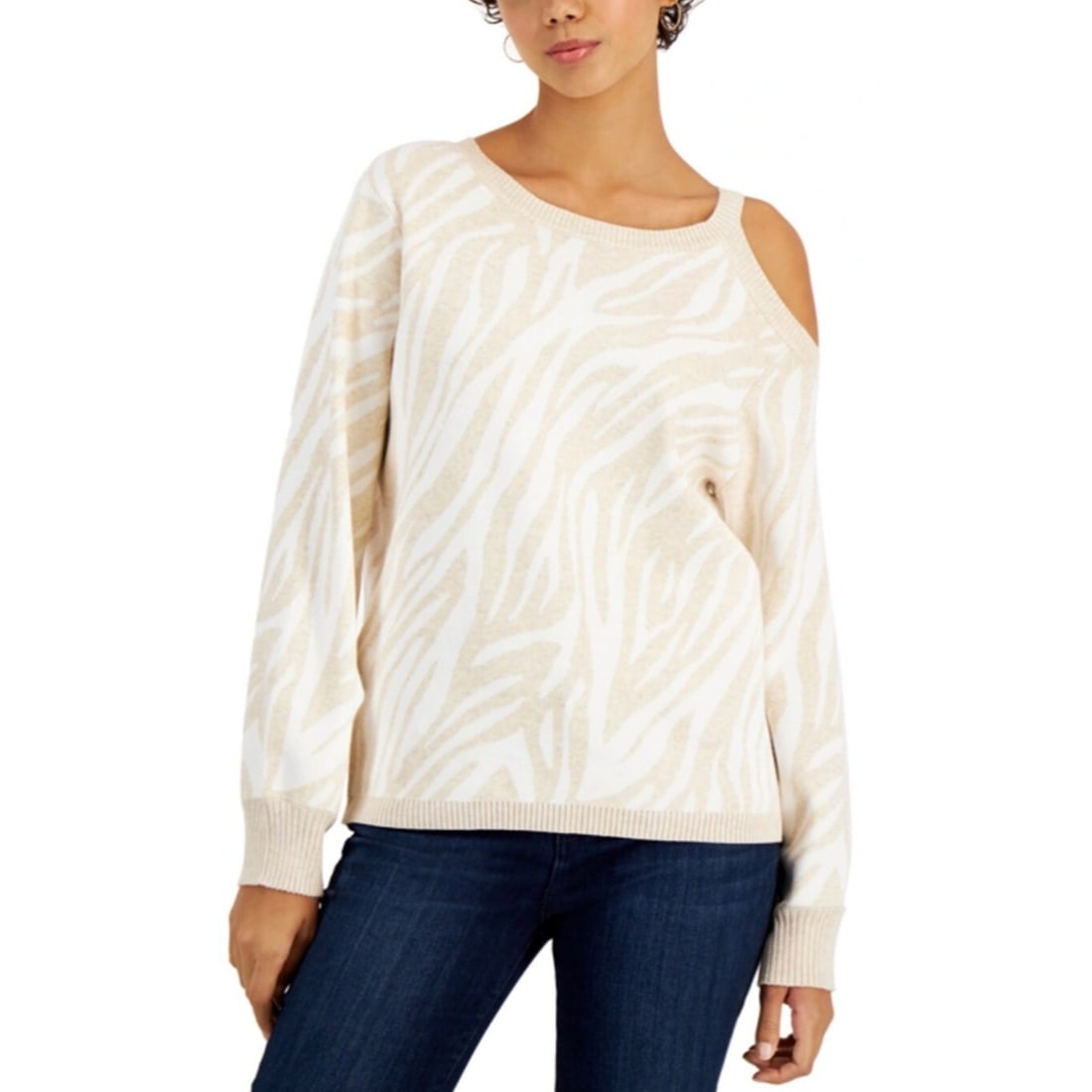 Willow Drive Beige One-Cold-Shoulder Animal Print Sweater XL: Willow Drive Beige One-Cold-Shoulder Animal Print Sweater XL Elevate your wardrobe with the Willow Drive Printed One-Cold-Shoulder Sweater in a stylish beige color. This pullover sweater features a pl