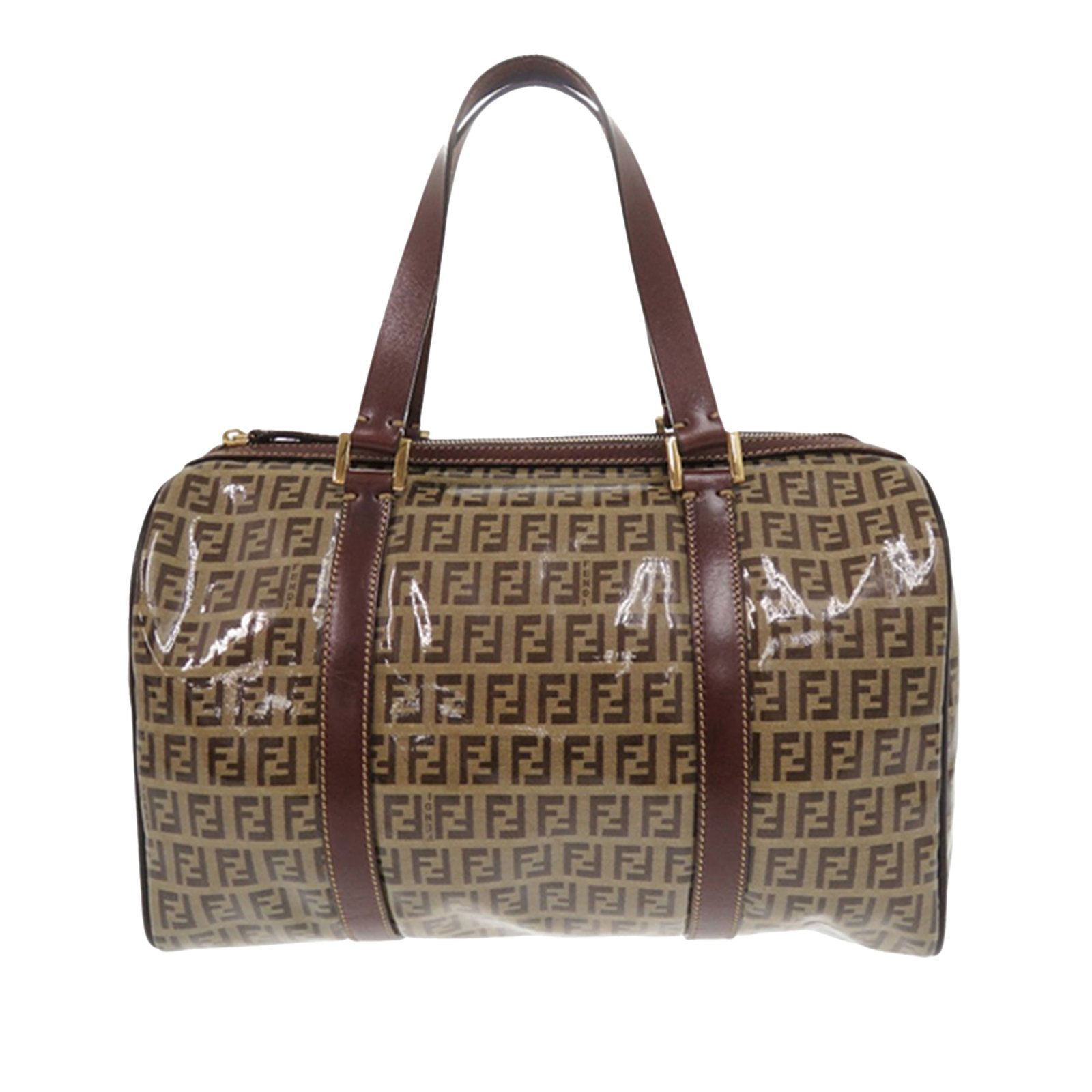 Fendi Zucchino Crystal Coated Canvas Boston Handbag with Leather Trim: Fendi Zucchino Crystal Coated Canvas Boston Handbag with Leather Trim This Fendi Zucchino Crystal Boston Bag features a coated canvas body with leather trim, flat leather handles, a top zip closure, a