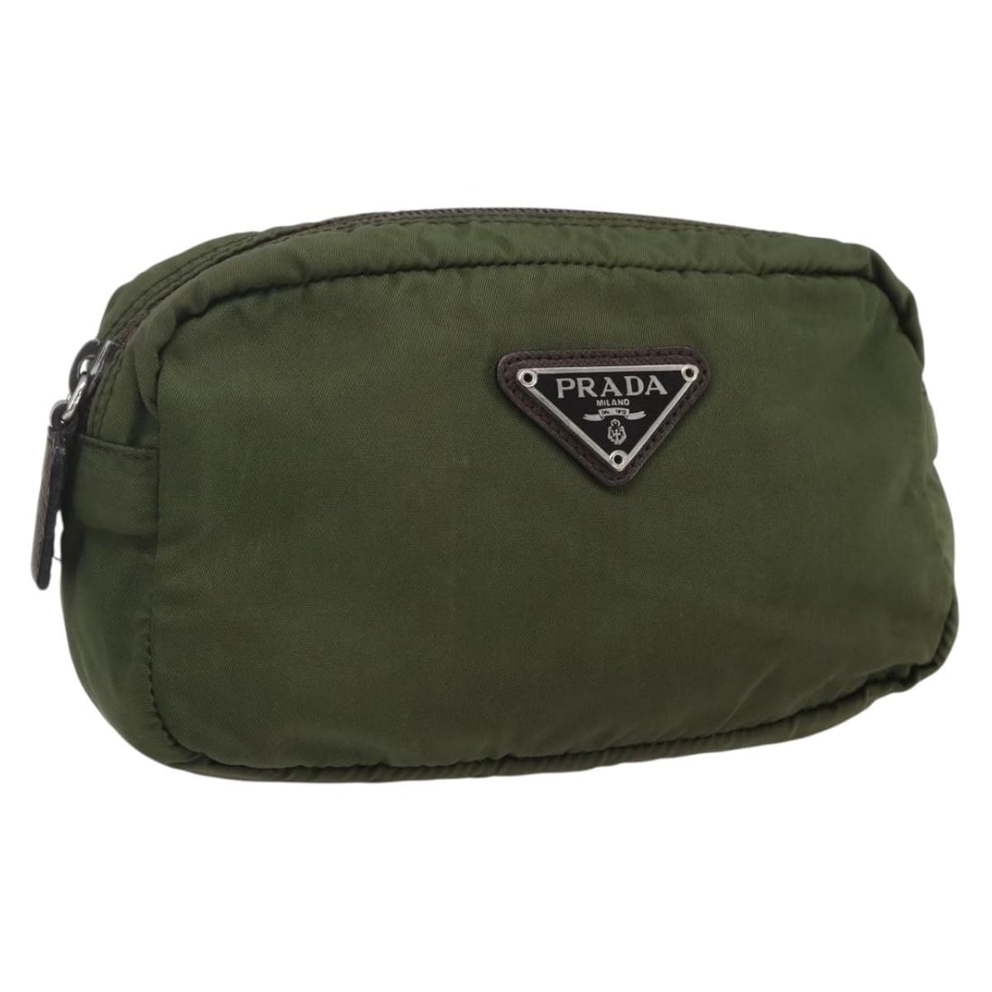 Khaki Nylon Pouch by Prada Silver Tone Accents Italy: Khaki Nylon Pouch by Prada Silver Tone Accents Italy This is a PRADA pouch crafted from khaki nylon with silver-tone accents. The pouch is made in Italy and features a compact, rectangular design. It 