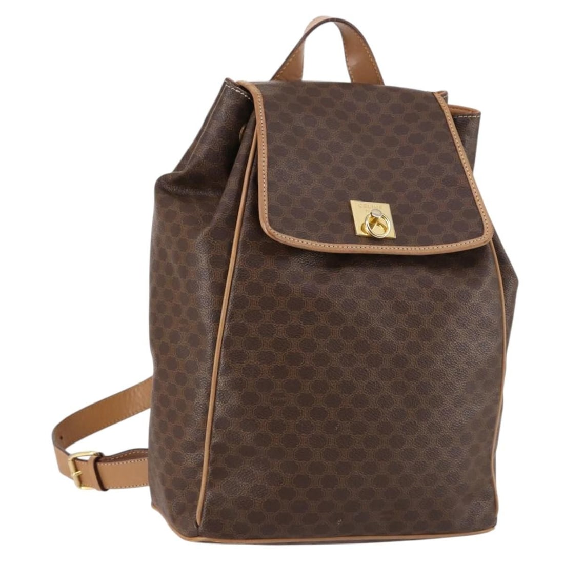 CELINE Macadam Backpack PVC Leather Brown Gold Made in Italy: CELINE Macadam Backpack PVC Leather Brown Gold Made in Italy This CELINE Macadam Canvas Backpack is a stylish and functional accessory crafted from durable PVC leather with a striking brown and gold e