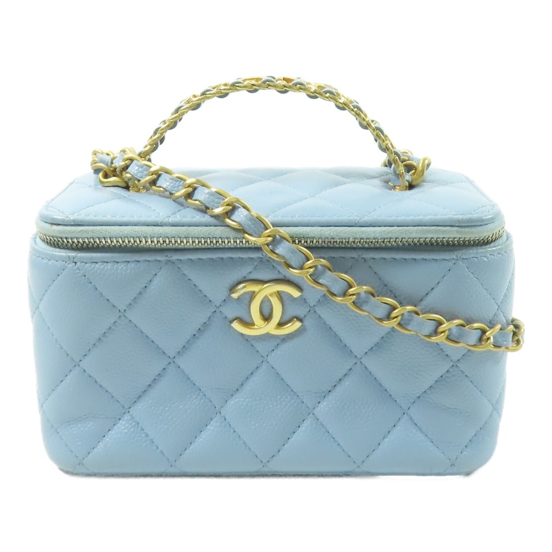 CHANEL Vanity Case Blue Calfskin 2Way Shoulder Bag GHW: CHANEL Vanity Case Blue Calfskin 2Way Shoulder Bag GHW This CHANEL vanity case features a classic CC design and is crafted from blue calfskin leather. It offers versatile carrying options with both a 