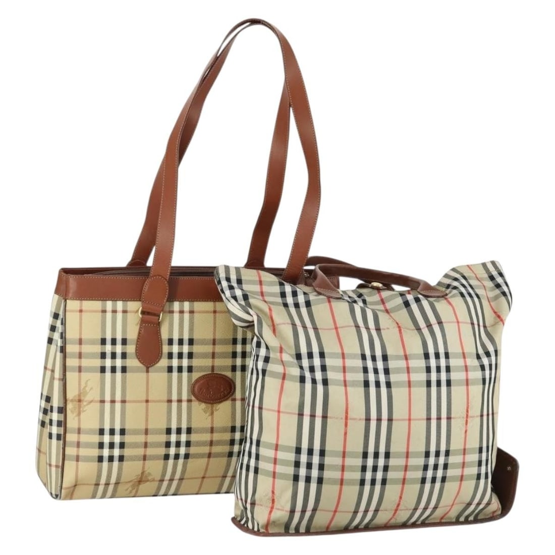 Set of 2 Burberry Beige Nova Check PVC Leather Canvas Handbags: Set of 2 Burberry Beige Nova Check PVC Leather Canvas Handbags This is a Burberry Nova Check handbag set in beige, crafted from PVC leather and canvas. The set shows significant signs of use, includin