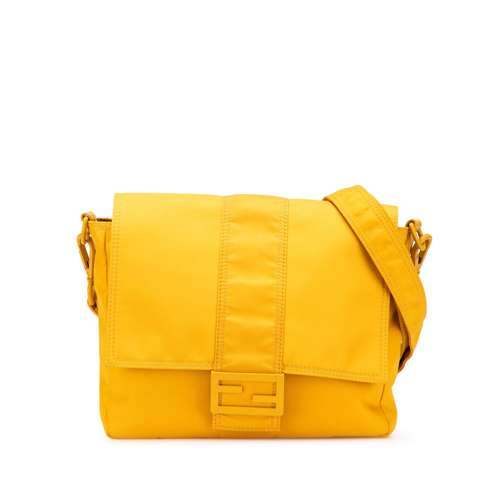 Fendi Yellow Medium Econyl Nylon Baguette Crossbody Bag: Fendi Yellow Medium Econyl Nylon Baguette Crossbody Bag Elevate your accessory collection with this Fendi Medium Econyl Nylon Baguette Crossbody bag. Crafted from durable nylon, this stylish crossbody