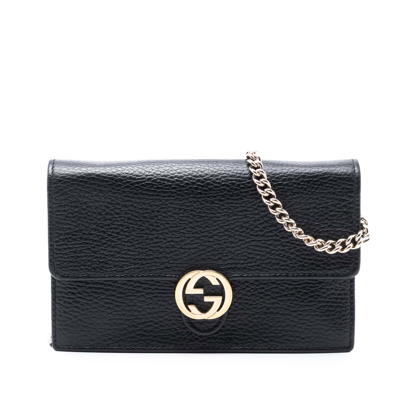 Gucci Interlocking G Black Leather Wallet on Chain with Shoulder Strap: Gucci Interlocking G Black Leather Wallet on Chain with Shoulder Strap This Gucci Interlocking G Dollar Calfskin Wallet on Chain features a black leather body with a chain link shoulder strap and a fl