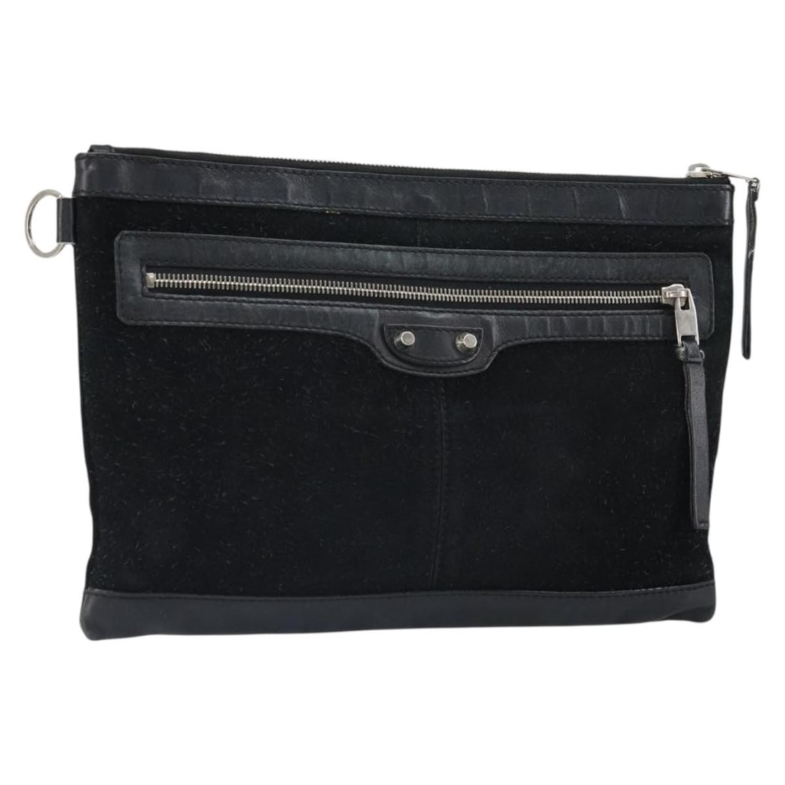 Black Suede Balenciaga Clutch 273022 Silver Accents Italy: Black Suede Balenciaga Clutch 273022 Silver Accents Italy This Balenciaga clutch bag features a sleek black suede exterior with silver-tone accents. Crafted in Italy, it offers a minimalist silhouette