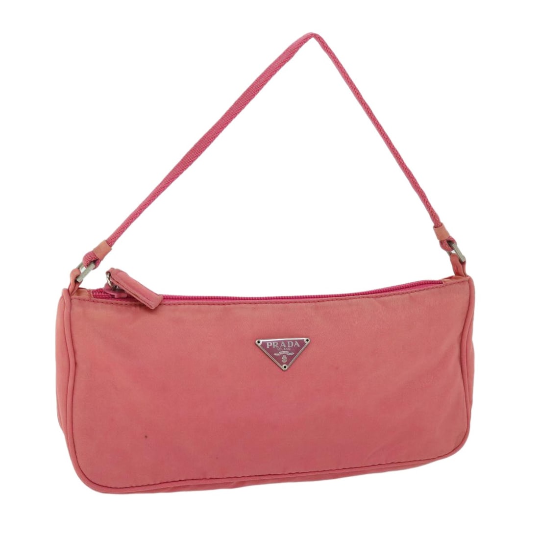 Prada pink nylon accessory pouch with guarantee card: Prada pink nylon accessory pouch with guarantee card This PRADA accessory pouch is crafted from pink nylon and designed for women. Made in Italy, it features a compact silhouette with approximate dime
