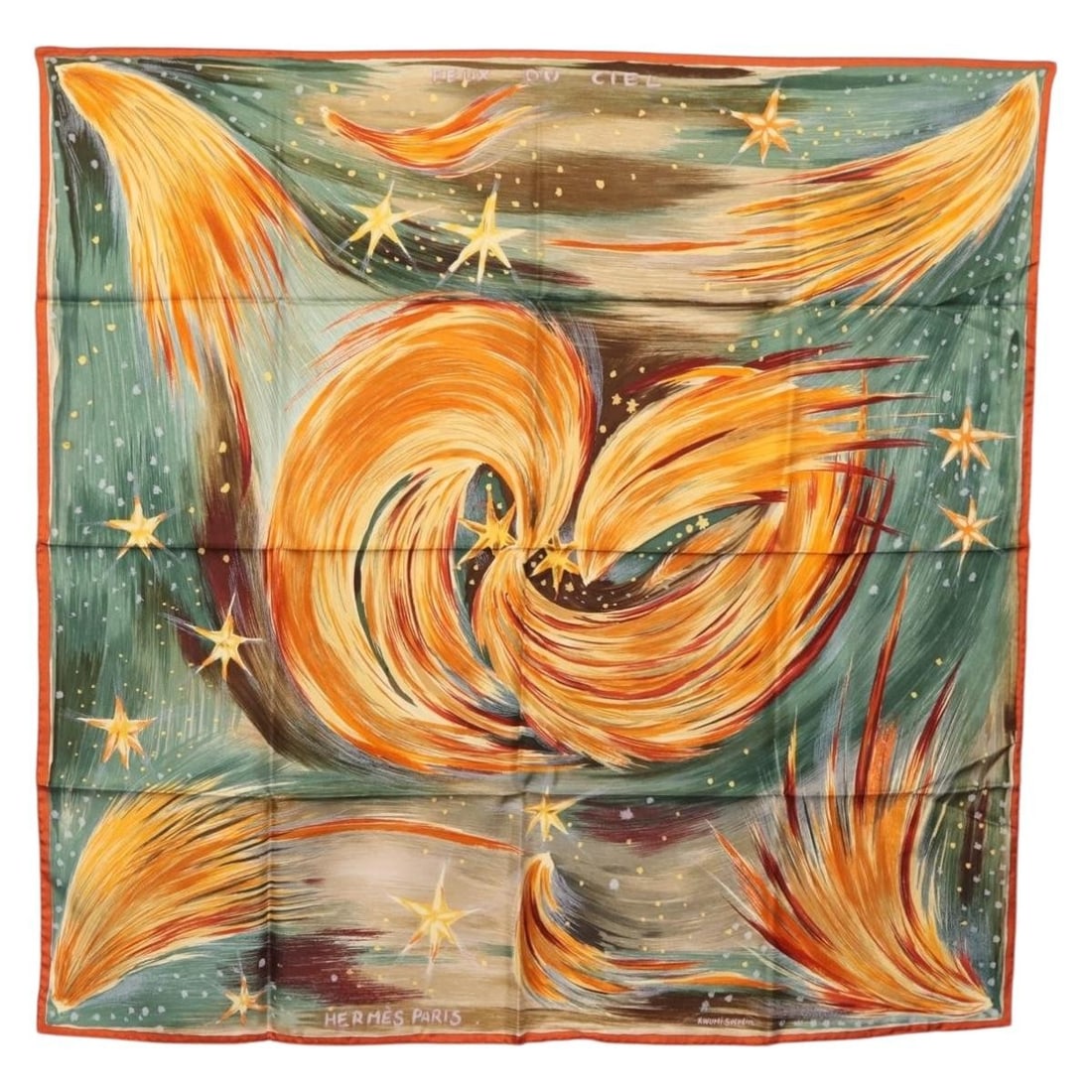 Hermes Feux du Ciel Silk Carre 90 Orange Scarf for Women: Hermes Feux du Ciel Silk Carre 90 Orange Scarf for Women This Hermes Carre 90 "Feux du Ciel" scarf is crafted from luxurious silk in a vibrant orange color. Designed for women, it features an