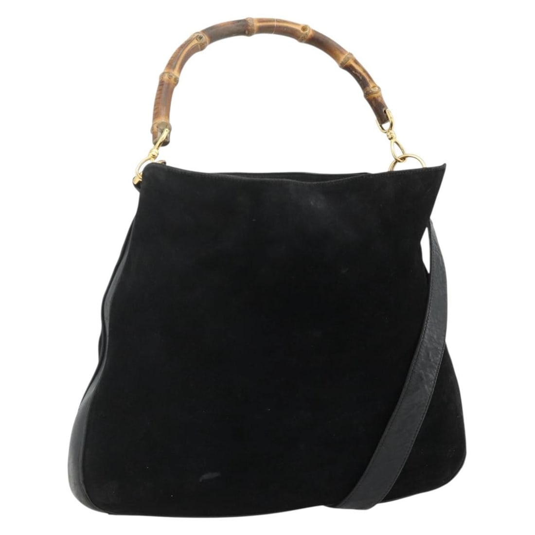 Gucci Bamboo Suede Black Gold Shoulder Bag with Strap Italy: Gucci Bamboo Suede Black Gold Shoulder Bag with Strap Italy This GUCCI Bamboo Hand Bag features a 2-way design crafted from black suede with gold accents. The bag includes both a handle and a detachab