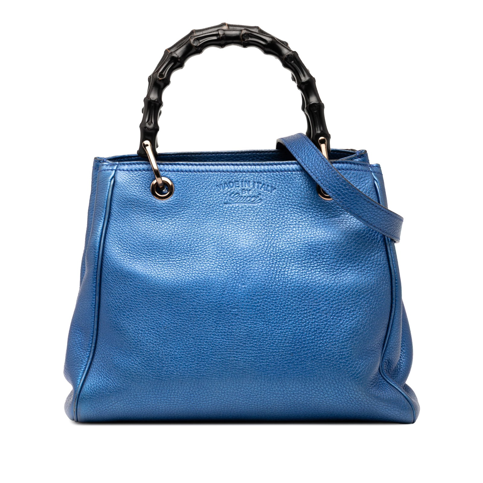 Gucci Metallic Blue Leather Satchel with Bamboo Handles and Shoulder Strap: Gucci Metallic Blue Leather Satchel with Bamboo Handles and Shoulder Strap This Gucci Small Metallic Calfskin Bamboo Shopper Satchel features a metallic leather exterior in blue, distinctive bamboo to