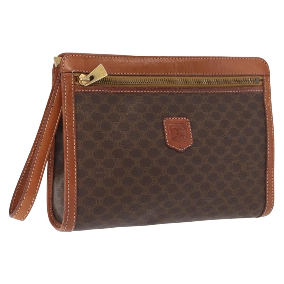 Celine Macadam Brown PVC Leather Clutch Bag Gold Accents Made in Italy: Celine Macadam Brown PVC Leather Clutch Bag Gold Accents Made in Italy This CELINE Macadam canvas clutch bag is crafted from brown PVC leather with gold-tone accents. The bag features a rectangular si