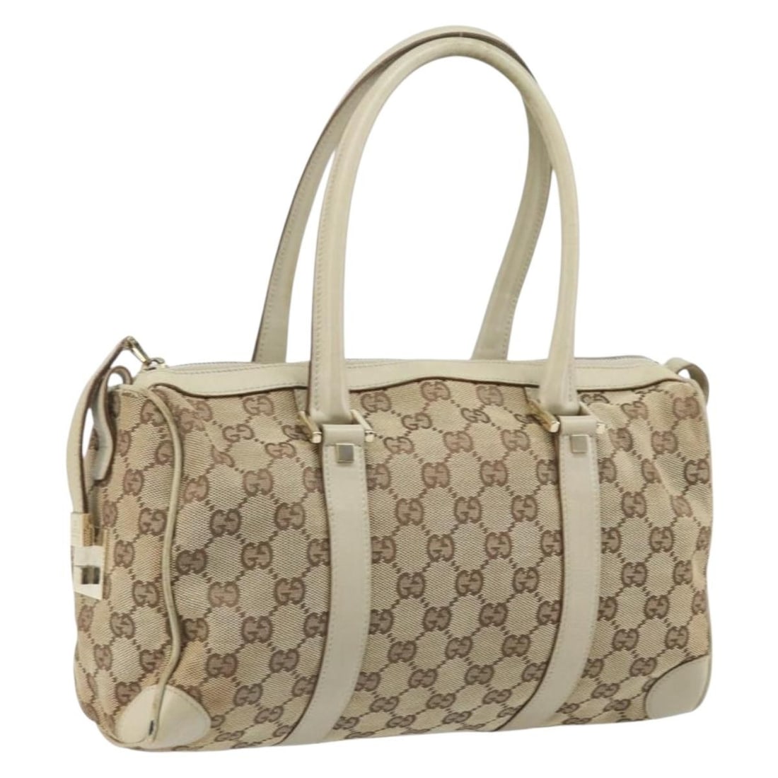Gucci Beige Gold Leather GG Canvas Handbag Model 000 0851 Italy: Gucci Beige Gold Leather GG Canvas Handbag Model 000 0851 Italy This GUCCI GG Canvas Hand Bag features a stylish beige and gold color combination with leather and GG canvas materials. Designed for wom